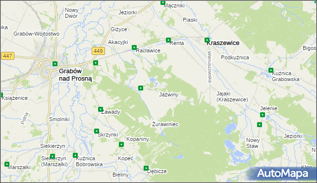 mapa Jaźwiny gmina Kraszewice, Jaźwiny gmina Kraszewice na mapie Targeo