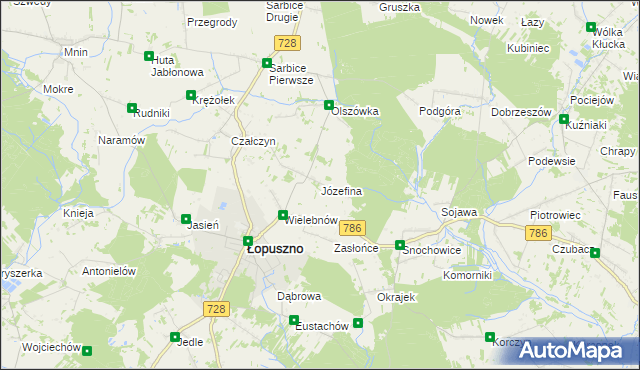 mapa Józefina gmina Łopuszno, Józefina gmina Łopuszno na mapie Targeo