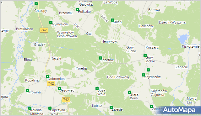 mapa Józefów gmina Przedbórz, Józefów gmina Przedbórz na mapie Targeo