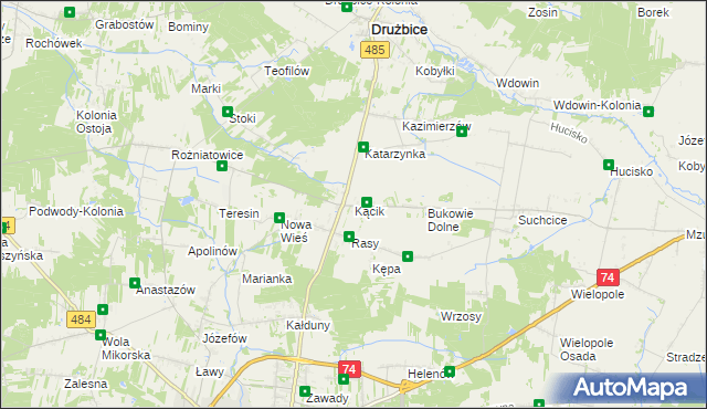 mapa Kącik gmina Drużbice, Kącik gmina Drużbice na mapie Targeo