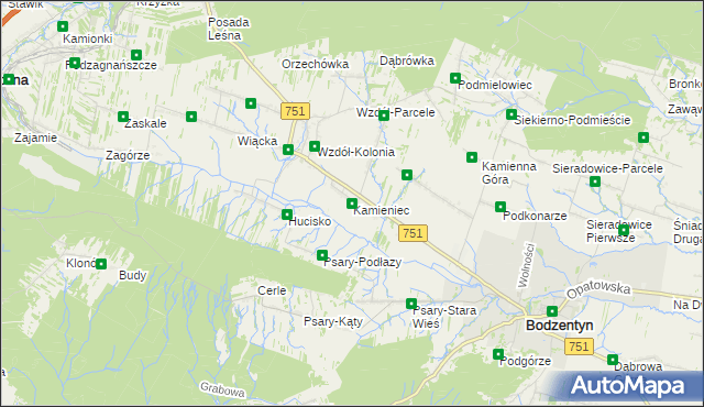 mapa Kamieniec gmina Bodzentyn, Kamieniec gmina Bodzentyn na mapie Targeo
