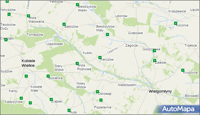 mapa Karczów gmina Wielgomłyny, Karczów gmina Wielgomłyny na mapie Targeo