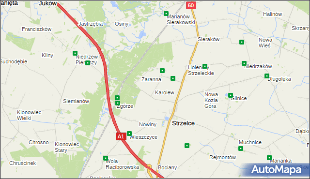 mapa Karolew gmina Strzelce, Karolew gmina Strzelce na mapie Targeo