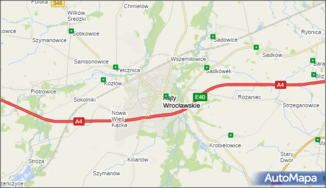 mapa Kąty Wrocławskie, Kąty Wrocławskie na mapie Targeo