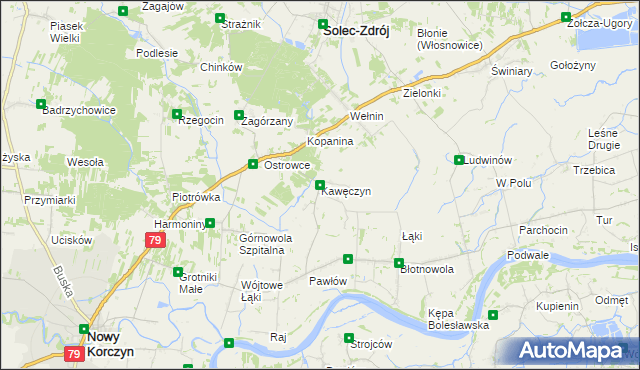 mapa Kawęczyn gmina Nowy Korczyn, Kawęczyn gmina Nowy Korczyn na mapie Targeo