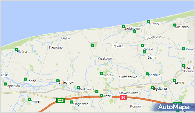mapa Kiszkowo gmina Będzino, Kiszkowo gmina Będzino na mapie Targeo