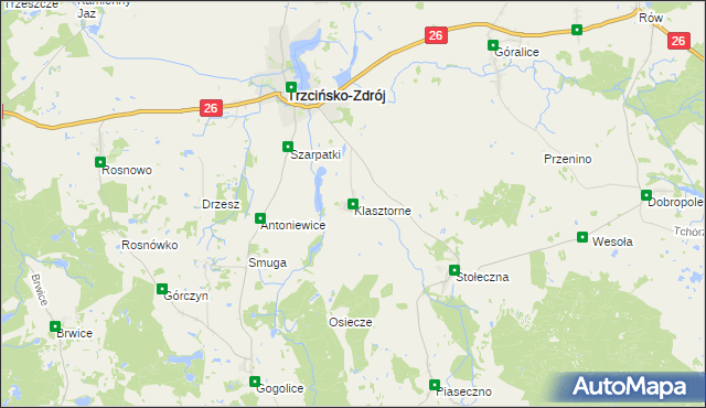 mapa Klasztorne gmina Trzcińsko-Zdrój, Klasztorne gmina Trzcińsko-Zdrój na mapie Targeo