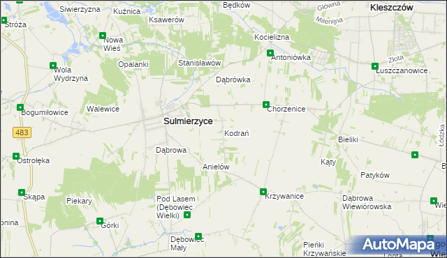 mapa Kodrań gmina Sulmierzyce, Kodrań gmina Sulmierzyce na mapie Targeo