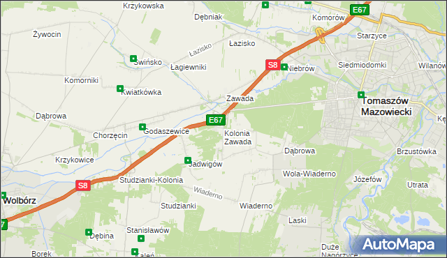 mapa Kolonia Zawada gmina Tomaszów Mazowiecki, Kolonia Zawada gmina Tomaszów Mazowiecki na mapie Targeo