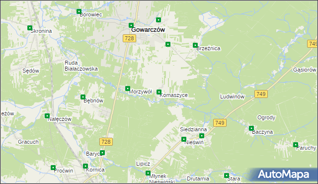 mapa Komaszyce gmina Gowarczów, Komaszyce gmina Gowarczów na mapie Targeo