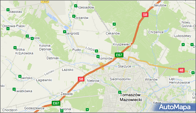 mapa Komorów gmina Tomaszów Mazowiecki, Komorów gmina Tomaszów Mazowiecki na mapie Targeo