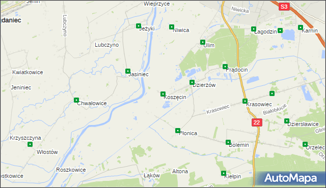 mapa Koszęcin gmina Deszczno, Koszęcin gmina Deszczno na mapie Targeo