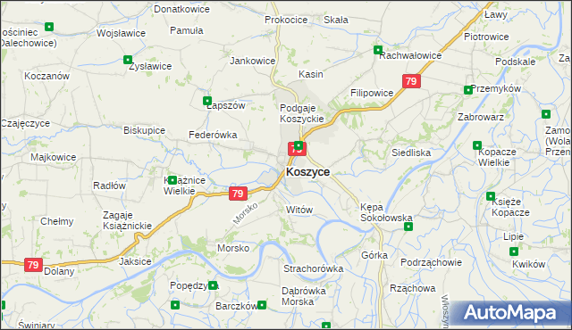 mapa Koszyce powiat proszowicki, Koszyce powiat proszowicki na mapie Targeo