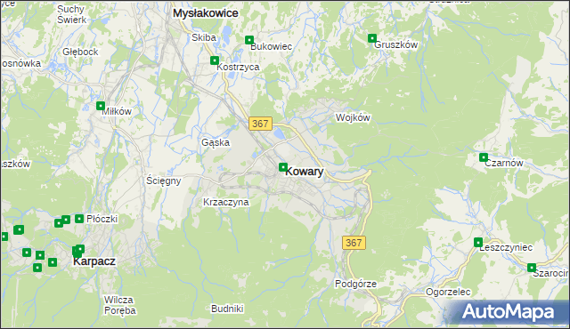 mapa Kowary powiat jeleniogórski, Kowary powiat jeleniogórski na mapie Targeo