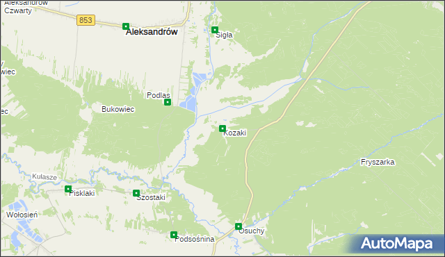 mapa Kozaki gmina Łukowa, Kozaki gmina Łukowa na mapie Targeo