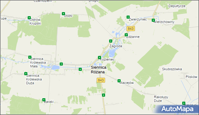 mapa Kozieniec gmina Siennica Różana, Kozieniec gmina Siennica Różana na mapie Targeo