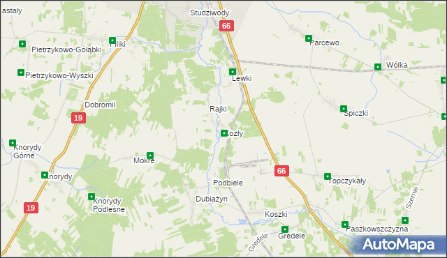 mapa Kozły gmina Bielsk Podlaski, Kozły gmina Bielsk Podlaski na mapie Targeo