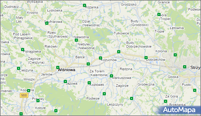 mapa Kożuchów gmina Wiśniowa, Kożuchów gmina Wiśniowa na mapie Targeo