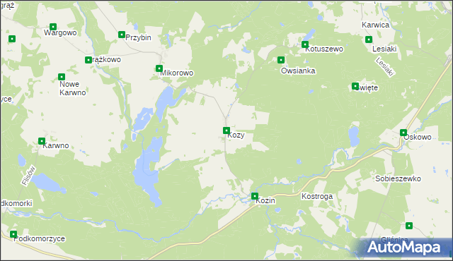 mapa Kozy gmina Czarna Dąbrówka, Kozy gmina Czarna Dąbrówka na mapie Targeo