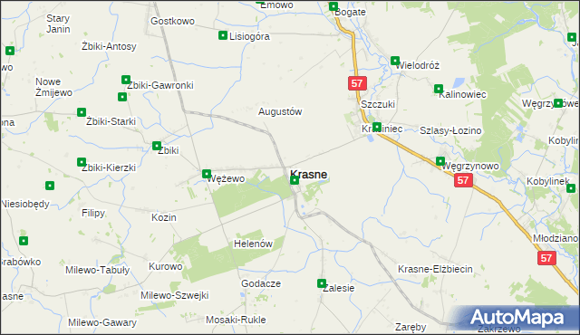 mapa Krasne powiat przasnyski, Krasne powiat przasnyski na mapie Targeo