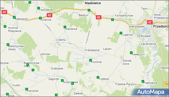 mapa Kraszewice gmina Masłowice, Kraszewice gmina Masłowice na mapie Targeo
