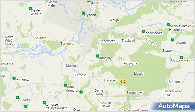 mapa Kruszyny gmina Pyzdry, Kruszyny gmina Pyzdry na mapie Targeo