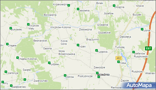 mapa Krzaki gmina Brzeźnio, Krzaki gmina Brzeźnio na mapie Targeo