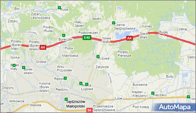 mapa Krzywa gmina Sędziszów Małopolski, Krzywa gmina Sędziszów Małopolski na mapie Targeo