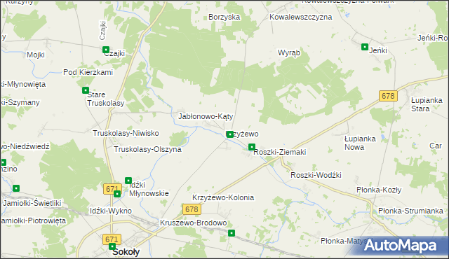 mapa Krzyżewo gmina Sokoły, Krzyżewo gmina Sokoły na mapie Targeo