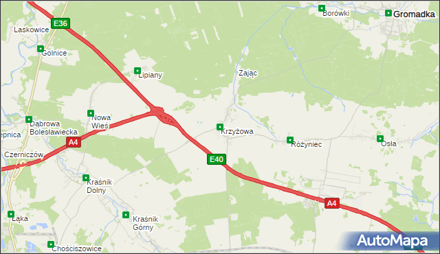 mapa Krzyżowa gmina Gromadka, Krzyżowa gmina Gromadka na mapie Targeo