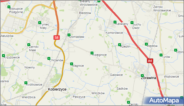 mapa Księginice gmina Kobierzyce, Księginice gmina Kobierzyce na mapie Targeo