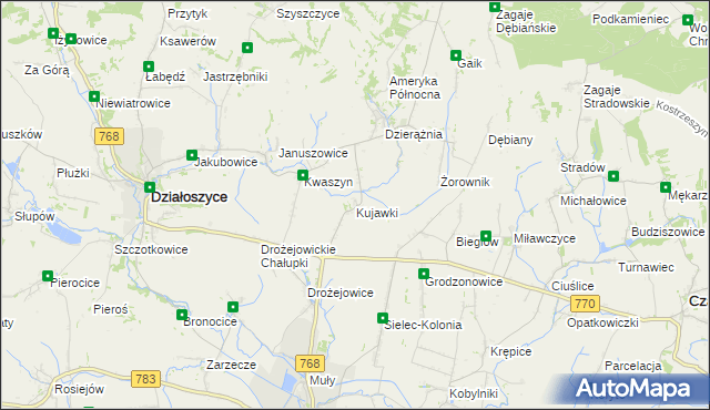 mapa Kujawki gmina Działoszyce, Kujawki gmina Działoszyce na mapie Targeo