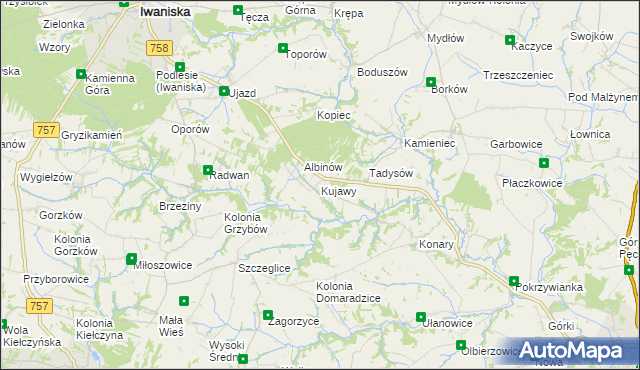 mapa Kujawy gmina Iwaniska, Kujawy gmina Iwaniska na mapie Targeo