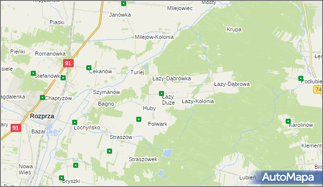 mapa Łazy Duże gmina Rozprza, Łazy Duże gmina Rozprza na mapie Targeo