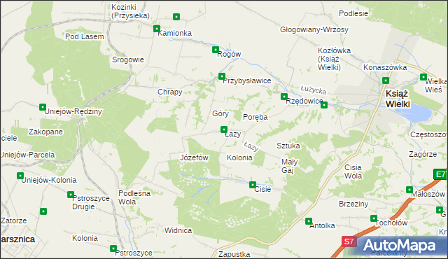 mapa Łazy gmina Książ Wielki, Łazy gmina Książ Wielki na mapie Targeo