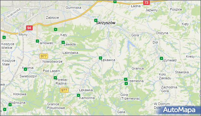 mapa Łękawica gmina Skrzyszów, Łękawica gmina Skrzyszów na mapie Targeo