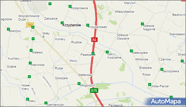 mapa Łęki Górne gmina Krzyżanów, Łęki Górne gmina Krzyżanów na mapie Targeo