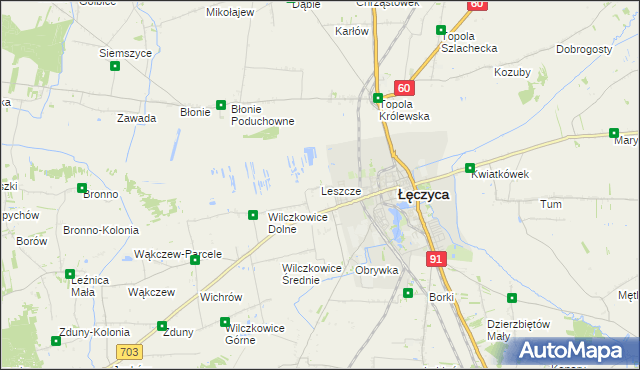 mapa Leszcze gmina Łęczyca, Leszcze gmina Łęczyca na mapie Targeo