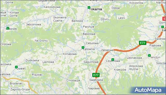 mapa Łętownia gmina Jordanów, Łętownia gmina Jordanów na mapie Targeo