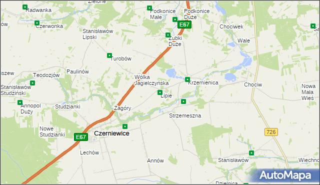 mapa Lipie gmina Czerniewice, Lipie gmina Czerniewice na mapie Targeo