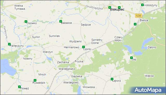 mapa Lipinki gmina Biskupiec, Lipinki gmina Biskupiec na mapie Targeo