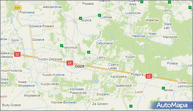 mapa Lipiny gmina Gózd, Lipiny gmina Gózd na mapie Targeo