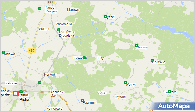 mapa Lisy gmina Biała Piska, Lisy gmina Biała Piska na mapie Targeo