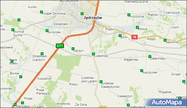 mapa Ludwinów gmina Jędrzejów, Ludwinów gmina Jędrzejów na mapie Targeo