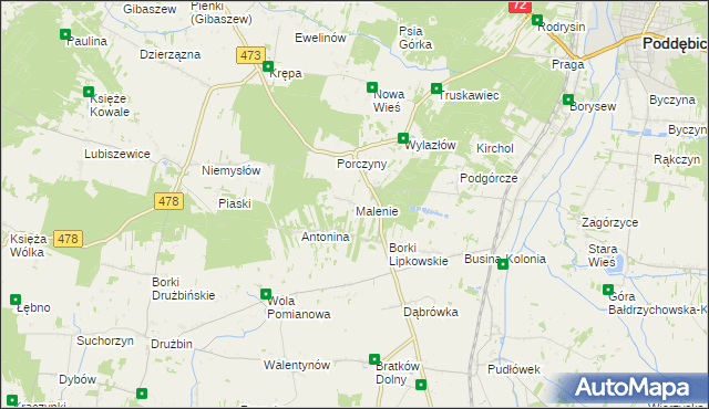 mapa Malenie gmina Poddębice, Malenie gmina Poddębice na mapie Targeo