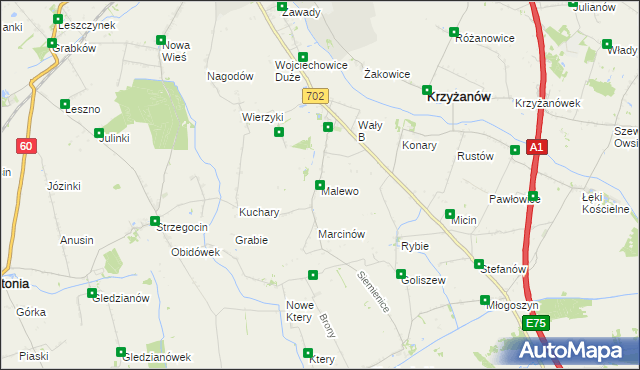 mapa Malewo gmina Krzyżanów, Malewo gmina Krzyżanów na mapie Targeo