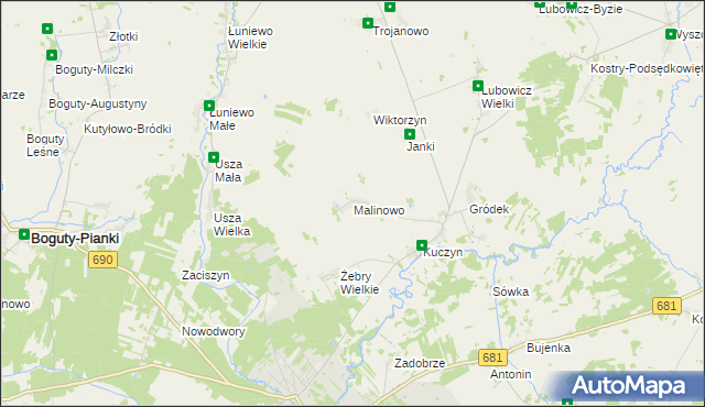 mapa Malinowo gmina Klukowo, Malinowo gmina Klukowo na mapie Targeo