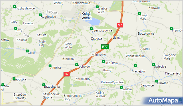 mapa Małoszów gmina Książ Wielki, Małoszów gmina Książ Wielki na mapie Targeo