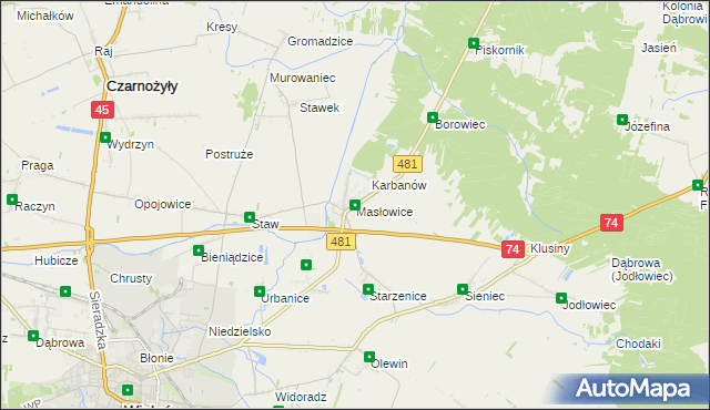 mapa Masłowice gmina Wieluń, Masłowice gmina Wieluń na mapie Targeo