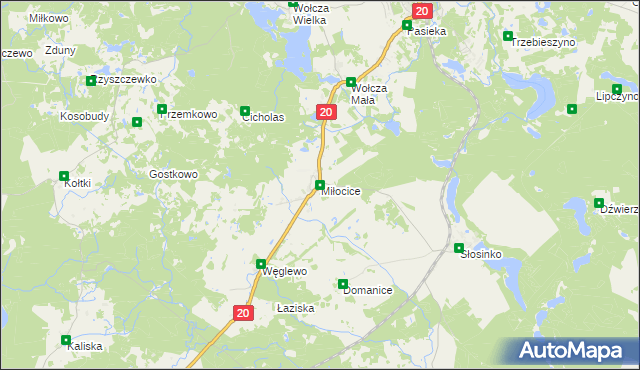 mapa Miłocice gmina Miastko, Miłocice gmina Miastko na mapie Targeo